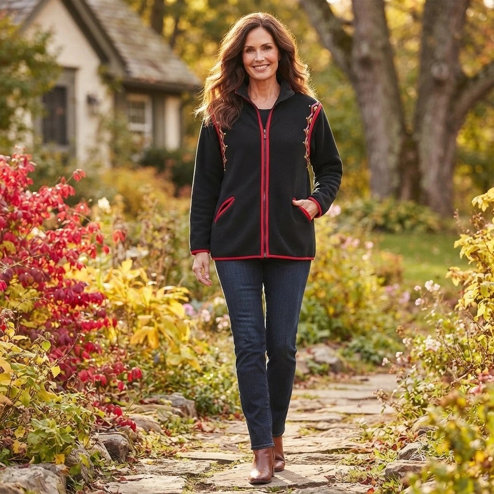 Bob Mackie Wearable Art Black Fleece Jacket Women's L Geometric Embroidered Red